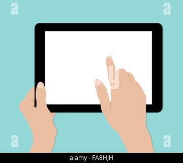Frau Hände halten und touch Tablet-PC auf blauem Hintergrund, Vektor Stock Vektor