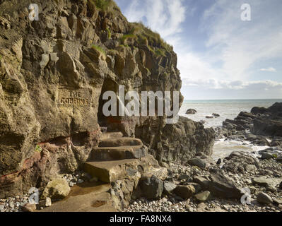 Fels gehauenen Stufen auf dem Küstenpfad an der Gobbins auf die Islandmagee Halbinsel, County Antrim, Nordirland. Stockfoto