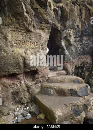 Fels gehauenen Stufen auf dem Küstenpfad an der Gobbins auf die Islandmagee Halbinsel, County Antrim, Nordirland. Stockfoto