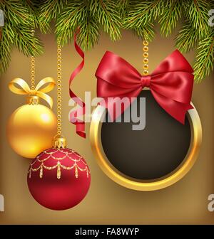 Weihnachten Hintergrund mit Kiefer verzweigt, Rahmen und Kugeln auf braun Stock Vektor