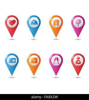 Liebe Lage Pin Zuordnung markiert Symbole für Valentinstag Stock Vektor
