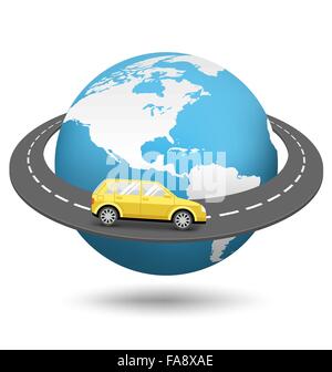Globus mit Straße rund um die Welt und Auto, Isolated on White Stock Vektor