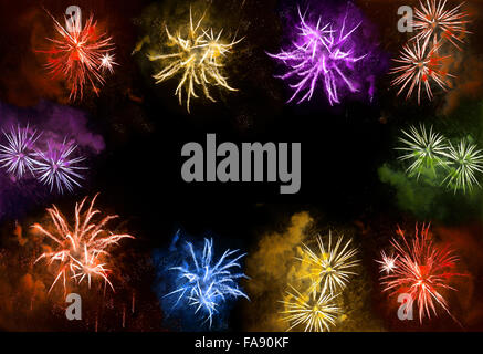 Ferien-Banner. Buntes Feuerwerk explodiert in einem dunklen Nachthimmel. Frohes neues Jahr! Stockfoto