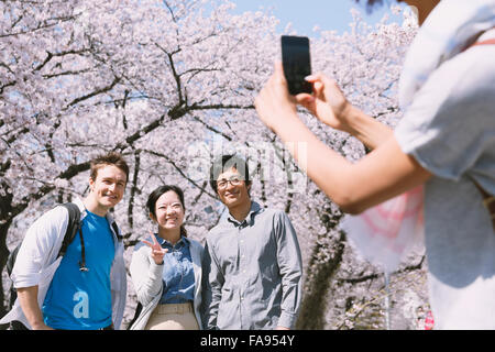 Multi-ethnischen Gruppe von Freunden genießen Kirschblüten blühen in Tokio Stockfoto
