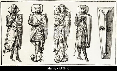 Bildnisse von Knight Templars in Temple Church, London im Jahre 1185 geweiht. Viktorianischen Holzschnitt, Kupferstich, ca. 1845. Stockfoto