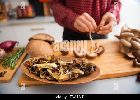Im Vordergrund hält eine hölzerne Schüssel getrocknete Pilze. Im Hintergrund sind eine elegante Frauenhand frischen Champignons zusammen aufreihen, wie sie eine Herbst-Mahlzeit vorbereitet. Stockfoto