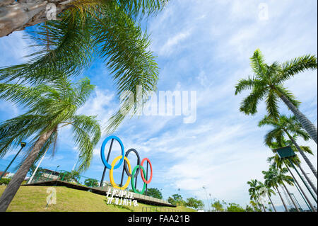 RIO DE JANEIRO, Brasilien - 31. Oktober 2015: Olympische Ringe stehen neben hohen Palmen im Park Parque Madureira in Zona Norte, Stockfoto