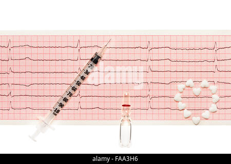 Herz der weißen Form Herztabletten, transparente weiße Glasampulle und Kunststoffspritze auf Papier ECG Ergebnisse Stockfoto