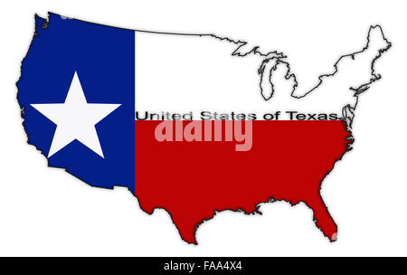 Ein Texas-Flag in der USA-Karte auf einem weißen Hintergrund isoliert Stockfoto