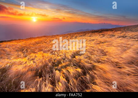 Den Sonnenuntergang im Bieszczady-Gebirge, Polen Stockfoto
