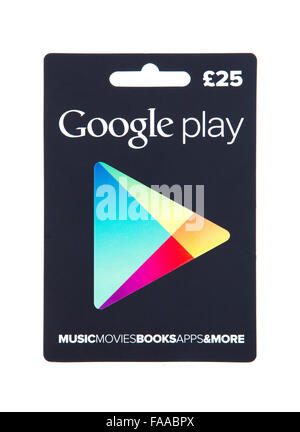 £25 Google Play Card auf weißem Hintergrund Stockfoto
