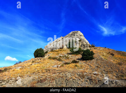 Spitzen Felsen auf einem Hügel mit Büschen bewachsenen Stockfoto