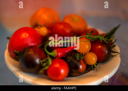 Tomaten auf dem Teller Stockfoto