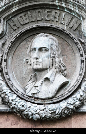 Denkmal des deutschen Dichters Friedrich Hölderlin zeigt ein Porträt des Dichters, Lauffen bin Neckar Baden-Württemberg Stockfoto