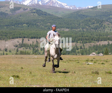 Asiatische junge geht sehr schnell auf dem Pferderücken durch die steppe Stockfoto