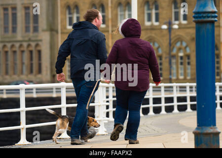 Aberystwyth Wales UK, Weihnachtstag, Freitag, 25. Dezember 2015 paar, auf der Promenade in Aberystwyth für ein Pre schlendern Weihnachtsessen mit ihren kleinen Hund finden Bedingungen luftig wie der Wind im Zuge der Sturm Eva wieder aufhebt.  Viele "Amber" Warnungen das Met Office sind für Nord-Wales und der North West Of England, ein weiterer Gürtel mit heftigem Regen zu rechnen ist Streikrecht von Nachmittag Photo Credit: Keith Morris / Alamy Live News Stockfoto