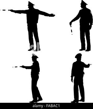 Schwarze Silhouetten Polizist mit einem Stab auf weißen Backg gesetzt Stock Vektor