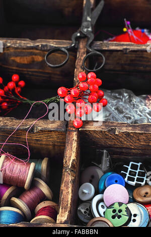 Set für Handarbeiten aus Knöpfe, Faden und Nadeln in den Zellen in der Holzkiste Stockfoto