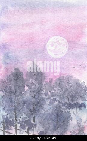 Aquarell Landschaft Mondnacht Stockfoto