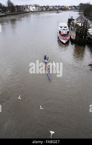 Kew, London, UK. 26. Dezember 2015. Kanuten in einem sechs-Mann-Boot trainieren Boxing Day auf der Themse an einem stumpfen aber trockenen Tag in Kew in London Credit: Simon Dack/Alamy Live News Stockfoto