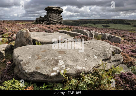 Mutter Kappe, ein Gritstone Aufschluss über Mühlstein Rand im Peak District, Derbyshire. Stockfoto