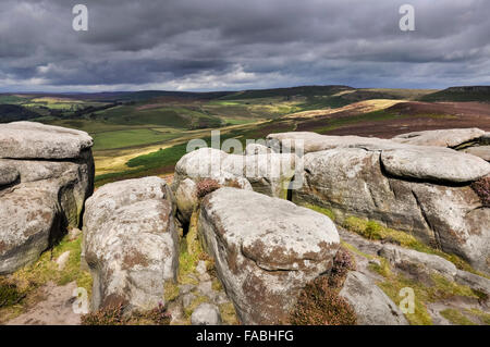 Gritstone rockt über dem Owler Tor im Peak District, Derbyshire. Beliebte Landschaft mit Spaziergängern. Stockfoto