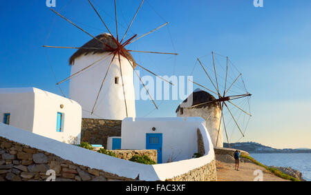 Mykonos-Landschaft mit einem Windmühlen, Insel Mykonos, Kykladen, Griechenland Stockfoto