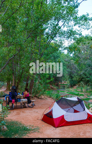 Campingplatz am Fuße des Havasu Fälle, Havasupai Indian Reservation, Grand Canyon, Arizona. Stockfoto