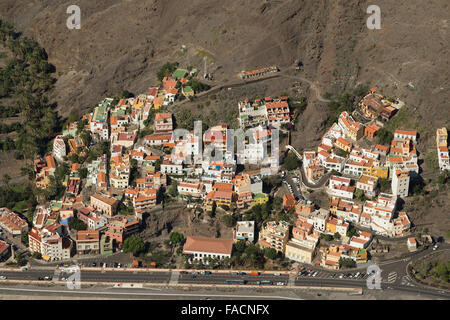 Eine Luftaufnahme von La Calera im Valle Gran Rey, La Gomera, Kanarische Inseln, Spanien. Stockfoto