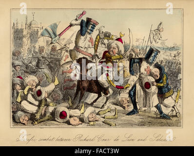 Hand gefärbt Comic Illustration aus dem Jahr 1846 von Richard Liongeart im Kampf mit Saladin Stockfoto