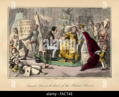 Hand farbige Comic Illustration von 1846 Darstellung König Edward I mit seiner medizinischen Berater Stockfoto