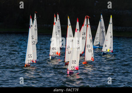 Funkgesteuerte One Meter Model Yachts, die auf einem Model Boating Lake Rennen. Die International One Meter (IOM) Regatta beliebte RC-Rennyachten, 2-Funktionen-Steuerung und 3 ein-​design-Rigs. Mit drei Segelrigs; Radio Controlled Yachting, Wettbewerb auf Southport, Marine Lake, Merseyside, VEREINIGTES KÖNIGREICH Stockfoto