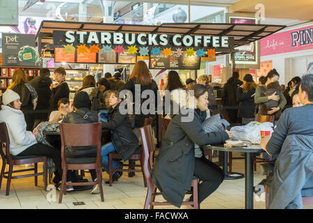 Shopper packen Starbucks in der Queens Center Mall im Stadtteil Queens in New York auf dem so genannten Super Samstag, December19, 2015. Restaurant und Food-Service-Vertrieb sollen Käufer hinzufügen dining in ihren Warenkorb Expeditionen zu erhöhen.  (© Richard B. Levine) Stockfoto