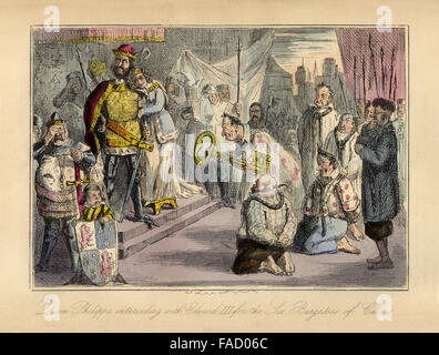 Hand farbige Comic Illustration von 1846 Darstellung von Edward III und die Bürger von Calais in 1347 Stockfoto
