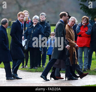 Sandringham, Norfolk, Großbritannien. 27. Dezember 2015.  Prinz Harry (von Wales) kommt als Kate (Catherine Middleton) Herzogin von Cambridge und Prinz William, Herzog von Cambridge, HM Königin Elizabeth II und andere Mitglieder der königlichen Familie verbunden wie sie die St. Maria Magdalena Kirche Sonntag-Morgen-Service in Sandringham besuchte.  Bildnachweis: Paul Marriott/Alamy Live-Nachrichten Stockfoto