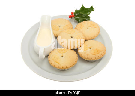 Mince Pies auf einem Teller mit einem Krug Creme und ein Zweig der Stechpalme isoliert gegen weiß Stockfoto