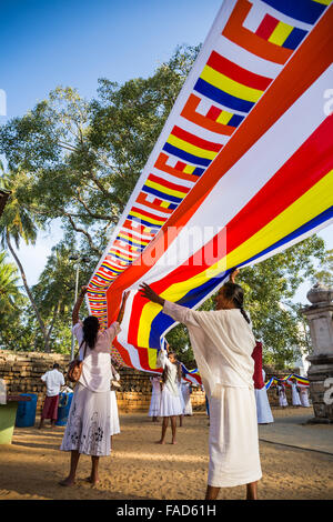 Menschen beten am Sri Maha Bodhi (Heilige Bodhi-Baum), Anuradhapura, North Central Province, Sri Lanka, UNESCO-Welterbe Stockfoto