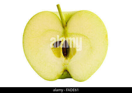 eine halbe grüne Apfel mit Samen auf weißem Hintergrund Stockfoto
