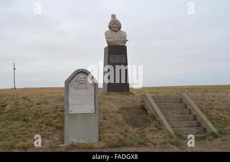 South Dakota, USA. 8. April 2015. Das Grab von Sioux Häuptling Sitting Bull in South Dakota, USA, 8. April 2015. Sitting Bull in einem Nahkampf 1890 starb, und zwei Wochen später die indische Kriege kam zu einem blutigen Ende mit dem Massaker von Wounded Knee. Sitting Bull Überreste wurden nach mehreren Jahrzehnten aus der ursprünglichen Grabstätte in North Dakota ein Grab in der Nähe von seinem mutmaßlichen Geburtsort in South Dakota übertragen. Foto: CHRIS MELZER, DPA/Alamy Live-Nachrichten Stockfoto