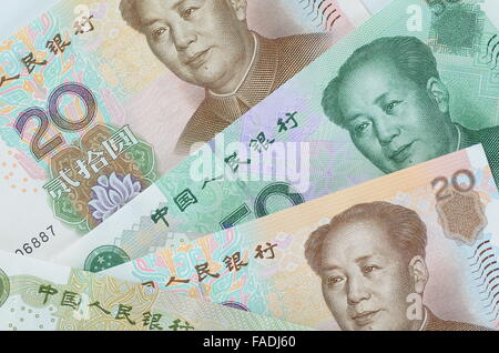 College of Chinese RMB Banknotes oder Yuan mit dem Vorsitzenden Mao auf jeder Rechnung Stockfoto