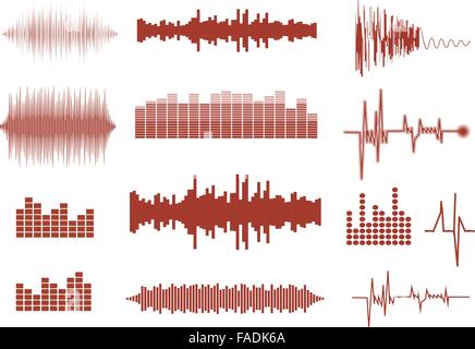 Schallwellen setzen. Musik-Wellen-Ikonen. Audio-Equalizer-Technologie. Vektor-Illustration. Stock Vektor