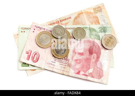 Türkische nationale Geld isoliert auf weißem Hintergrund, Banknoten und Münzen Stockfoto