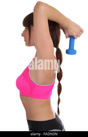 Workout Training Frau am Sport Rücken Schulter Trizeps in Profil-Seitenansicht isoliert auf weißem Hintergrund Stockfoto