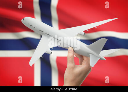 Flugzeug in der Hand mit Nationalflagge auf Hintergrund - Norwegen Stockfoto