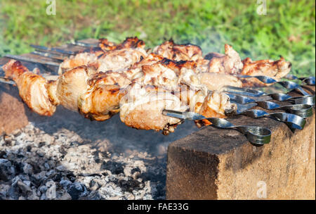 Appetitlich heißen Schaschlik auf Metall Spieße Stockfoto