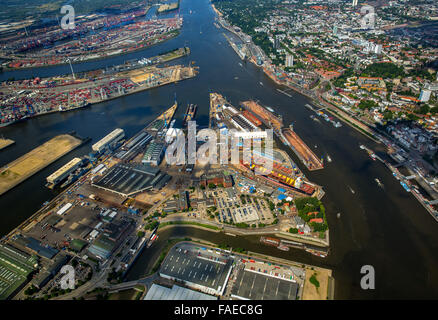 Luftaufnahme, Trockendocks der Hamburger Werft Blohm + Voss, Hamburger Hafen, Elbe, Hamburg, freie und Hansestadt Hamburg, Stockfoto