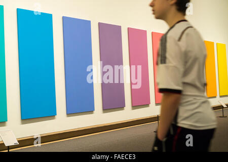 New York, USA. 28. Dezember 2015. Besucher des Metropolitan Museum of Art in New York anzeigen Ellsworth Kellys 'Spektrum V' (1969) auf Montag, 28. Dezember 2015. Kelly, einer der Premiere abstrakte Künstler des 20. Jahrhunderts starb am Sonntag im Alter von 92 Jahren.  Bildnachweis: Richard B. Levine/Alamy Live-Nachrichten Stockfoto