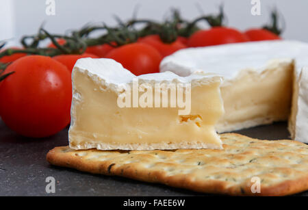 Brie Weichkäse mit Crackern und Tomaten auf einem grauen Schiefer Brett.  Selektiven Fokus Stockfoto