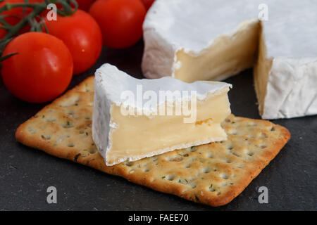 Brie Weichkäse mit Crackern und Tomaten auf einem grauen Schiefer Brett.  Selektiven Fokus Stockfoto