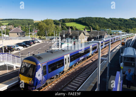 Stow-Station, auf der neuen Waverley Linie Eisenbahn von Edinburgh nach Tweedbank in den Scottish Borders, ersten Tag der Inbetriebnahme Stockfoto